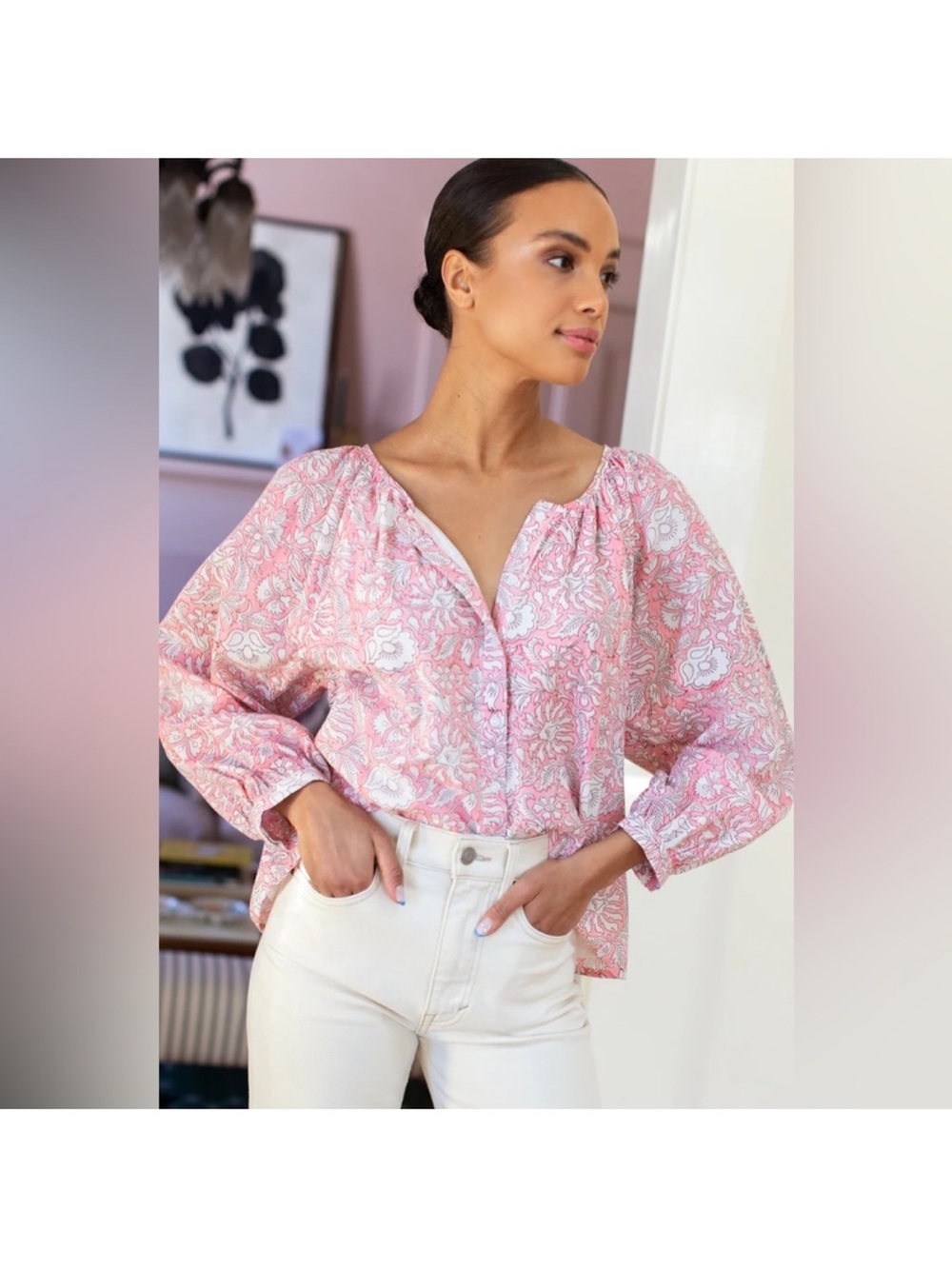 Emerson Fry India Collection Divina Flowers Organic Cotton Blouse Pink S
